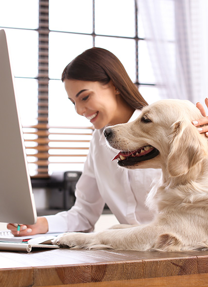 image of woman donating with dog