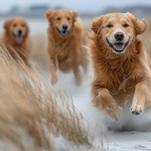Golden retrievers running